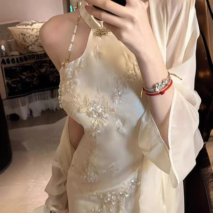 2025 Spot popular Chinese style cheongsam dress premium light luxury pearl slim pure desire shawl dress