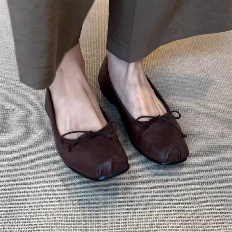 2025 Sheepskin version~ Leather handmade ballet grandma women's shoes bow shallow mouth single shoes women's flat Mary Jane women's shoes