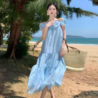 2025 Gentle wind sky blue off-the-shoulder dress women's summer  loose temperament long dress vacation travel wind beach dress