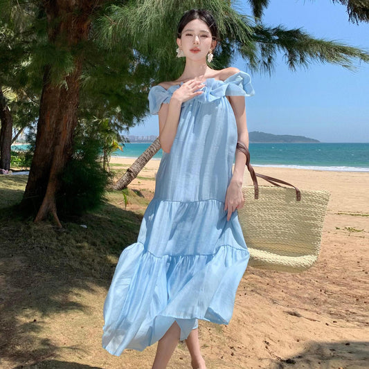 2025 Gentle wind sky blue off-the-shoulder dress women's summer  loose temperament long dress vacation travel wind beach dress