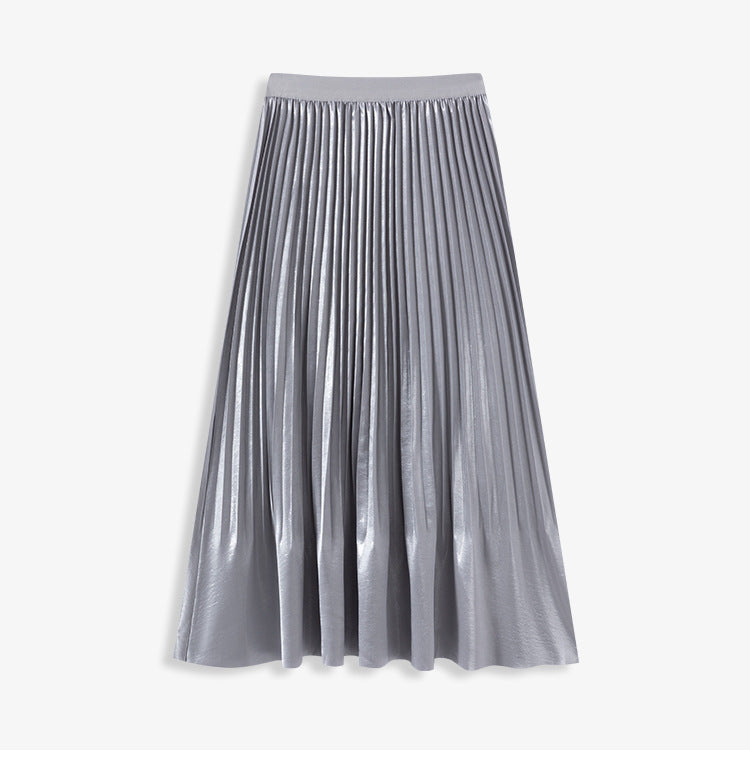 2025 pearlescent pleated skirt women's spring and summer elastic waist medium and long pleats