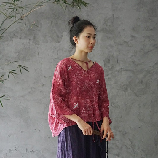 casual literary ramie printed V-neck loose top, retro and fashionable two-wear Japanese style shirt S2112