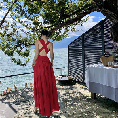 2025 pure desire sexy backless strap neck dress summer high temperament vacation green split long dress women