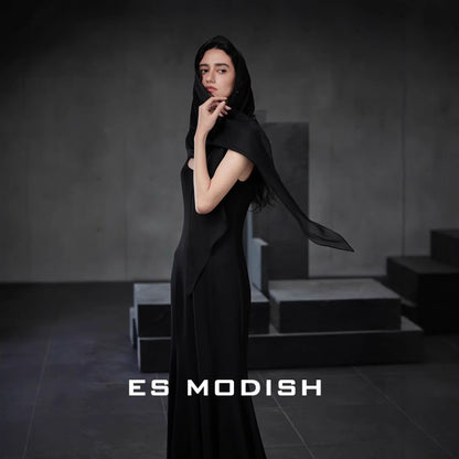 2025 ES MODISH Spring New Sexy Square Neck Slim Hip Wrap Fish Tail Suspender Dress Celebrity Style Long Dress Women