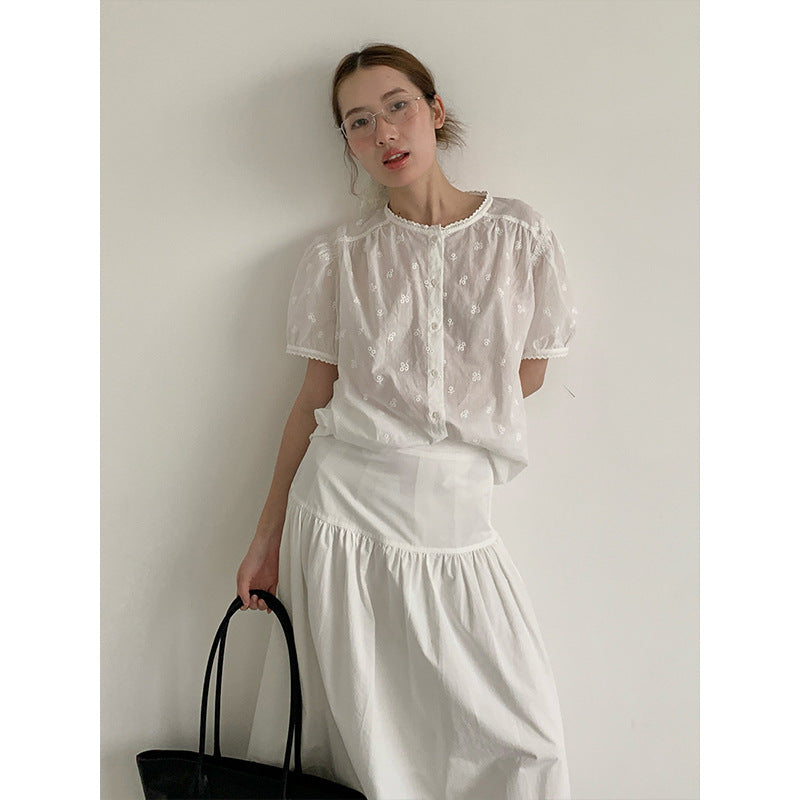 2025 [Guangzhou Six Meters] Lace Crew Neck Short Sleeve Shirt Women's 2025 Summer Daily Commuter Versatile Shirt 009AX