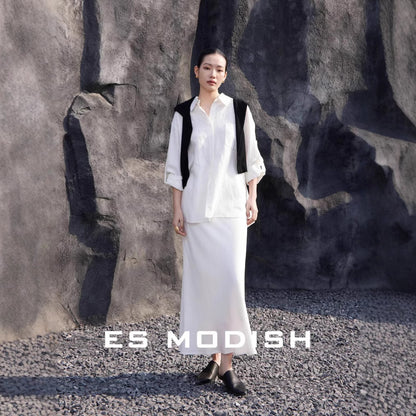 2025 ES MODISH spring new product design side buckle sleeve casual shirt + versatile fishtail skirt set