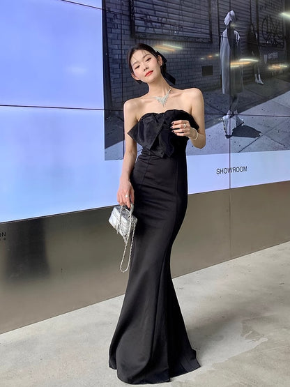 2025 black sexy bow tube top long birthday evening dress Hepburn style formal settings fishtail dress