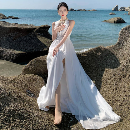 2025 Super fairy atmosphere white dopamine island vacation dress flower decoration wave fairy elegant travel dress
