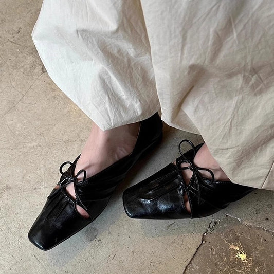 2025 Sheepskin version~ niche design pleated hollow square head Mary Jane shoes  leather bow flat shoes