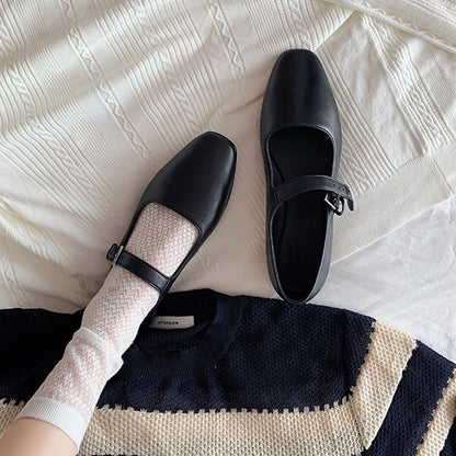 2025 Cowhide version~ Grape mother same soft-soled Mary Jane single shoes women's shoes one-word buckle belt shallow mouth flat shoes small leather shoes