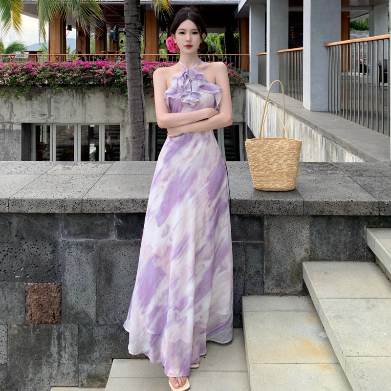 2025 Seaside vacation niche design sense photo purple floral neck beach skirt smudged tie-dye big pendulum fishtail long skirt