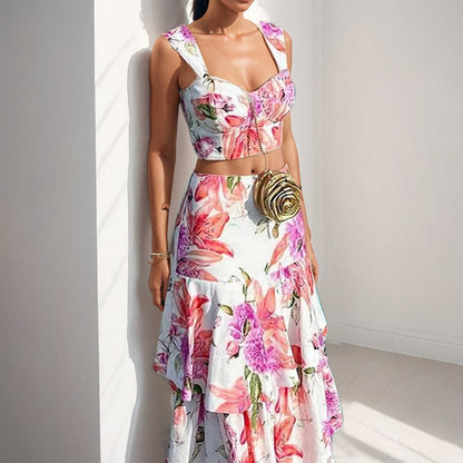 2025 2025 women's clothing 2025 Chinese New Year temperament printed vacation style casual suspender top skirt two-piece set