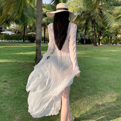 2025 Holiday style white sunscreen cardigan women's spring summer travel photo atmosphere long beach blouse seaside wear