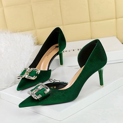 2025 1363-K78  high heels thin heel shallow mouth pointed side hollow thickened suede rhinestone buckle bow single shoe