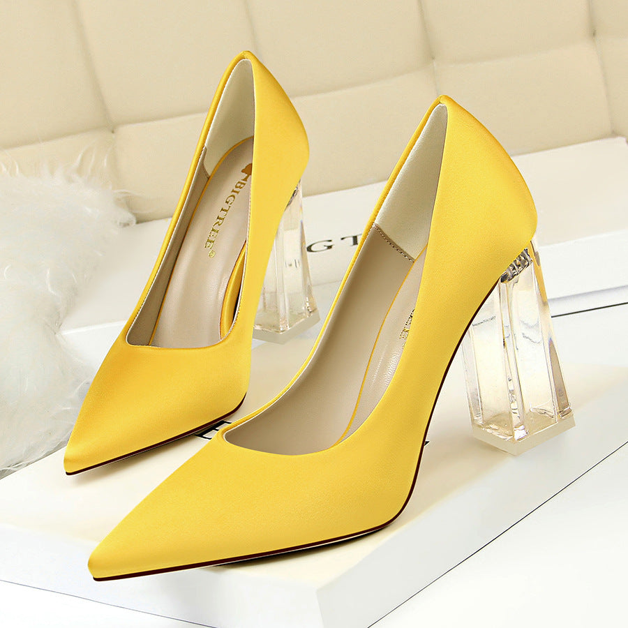 2025 2993-1 Korean version of fashion transparent crystal heel high heel satin light mouth pointed sexy high heels wedding shoes women's single shoes