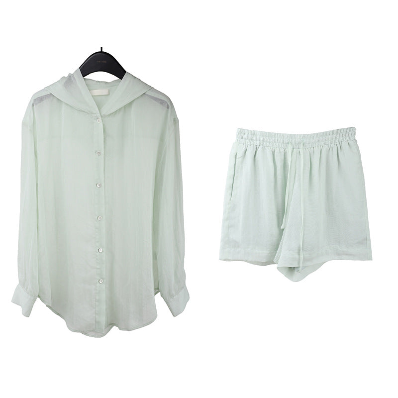 2025  linen tencel hooded sunscreen shirt + lace-up shorts women's 2025 casual fashion suit T5031X