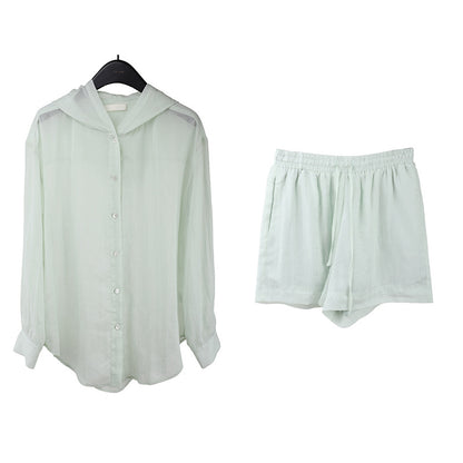 2025  linen tencel hooded sunscreen shirt + lace-up shorts women's 2025 casual fashion suit T5031X