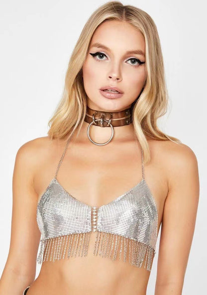 2025 MW3158  vest rhinestone inlaid sequined tassel chain hanging neck V-neck chest wrap top small vest body chain