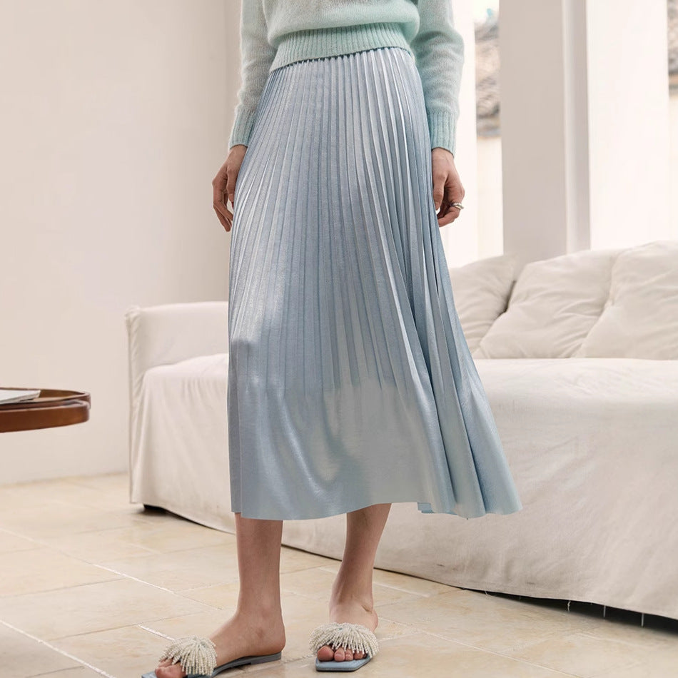 2025 pearlescent pleated skirt women's spring and summer elastic waist medium and long pleats