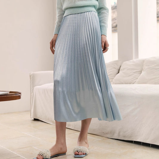 2025 pearlescent pleated skirt women's spring and summer elastic waist medium and long pleats
