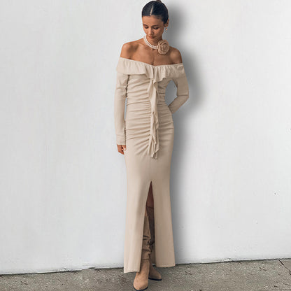 XAKXX 2025Slim-fit ruffle edge dress popular autumn and winter high-end sense khaki one-word neck tube top open fork fish tail long dress women