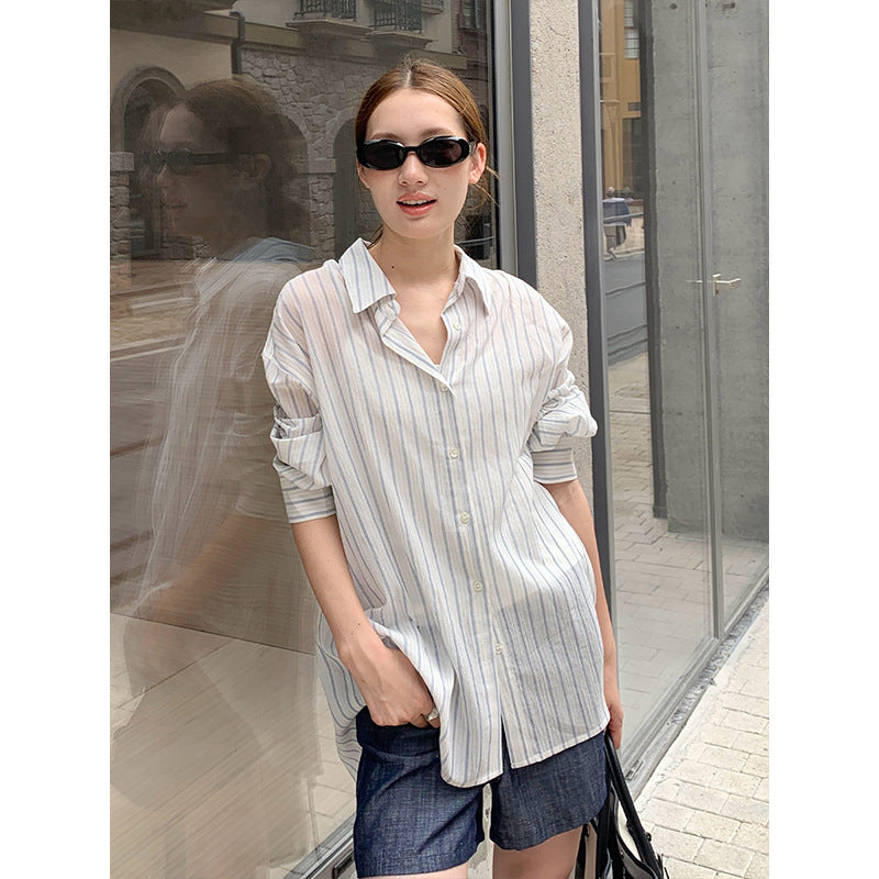 2025  Striped Sunscreen Shirt Women's 2025 Summer Thin Casual Loose Lazy Wind Long Sleeve Shirt T5051X