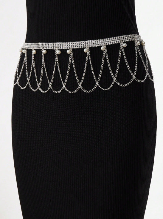 2025 3423  waist chain personalized pearl pendant rhinestone connected multi-layer wave fringed chain waist chain waist