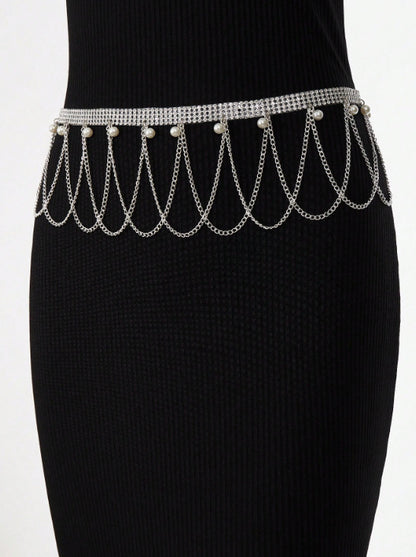 2025 3423  waist chain personalized pearl pendant rhinestone connected multi-layer wave fringed chain waist chain waist