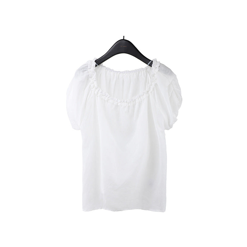 2025  Ramie Tencel Shoulder Short Sleeve Shirt 2025 Summer New Off-Shoulder Age Reduction Shirt Women's T5060X