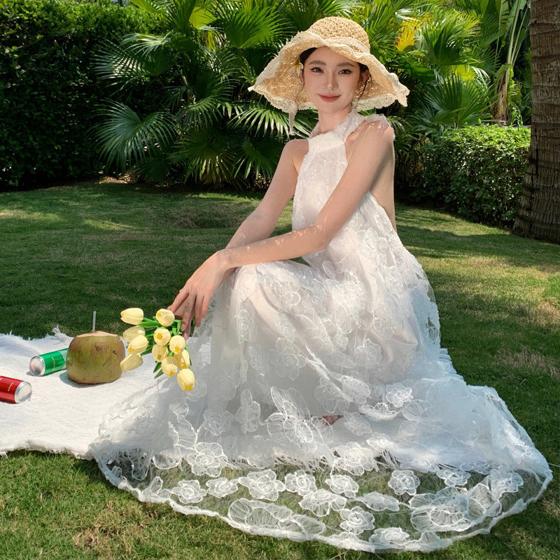 2025 Flower embroidered morning robe dress dress women's summer atmosphere vacation style super fairy pendulum neck suspender dress