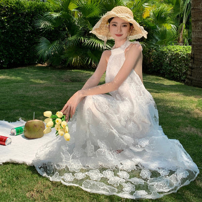 2025 Flower embroidered morning robe dress dress women's summer atmosphere vacation style super fairy pendulum neck suspender dress