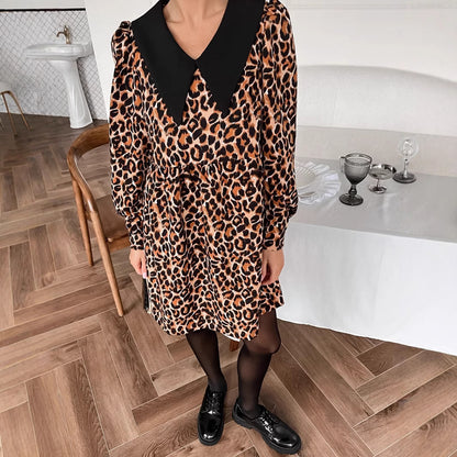 XAKXX 2025 spring new leopard print lapel splicing dress 2025 fashion cross-border wholesale loose short skirt women