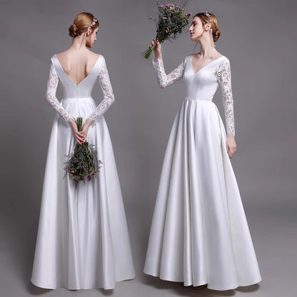 2025 Spring long-sleeved wedding dress light luxury new simple lace flush satin wedding dress white out light yarn welcome dress women