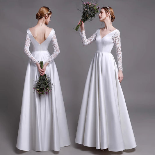 2025 Spring long-sleeved wedding dress light luxury new simple lace flush satin wedding dress white out light yarn welcome dress women