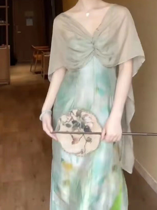 2025 New Chinese oil painting fake two-piece dress women's summer popular new chic shawl medium and long split skirt