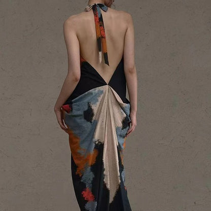 2025 24 spring and summer, oil painting rock color rendering lanyard dress, beautiful romantic classical fairy