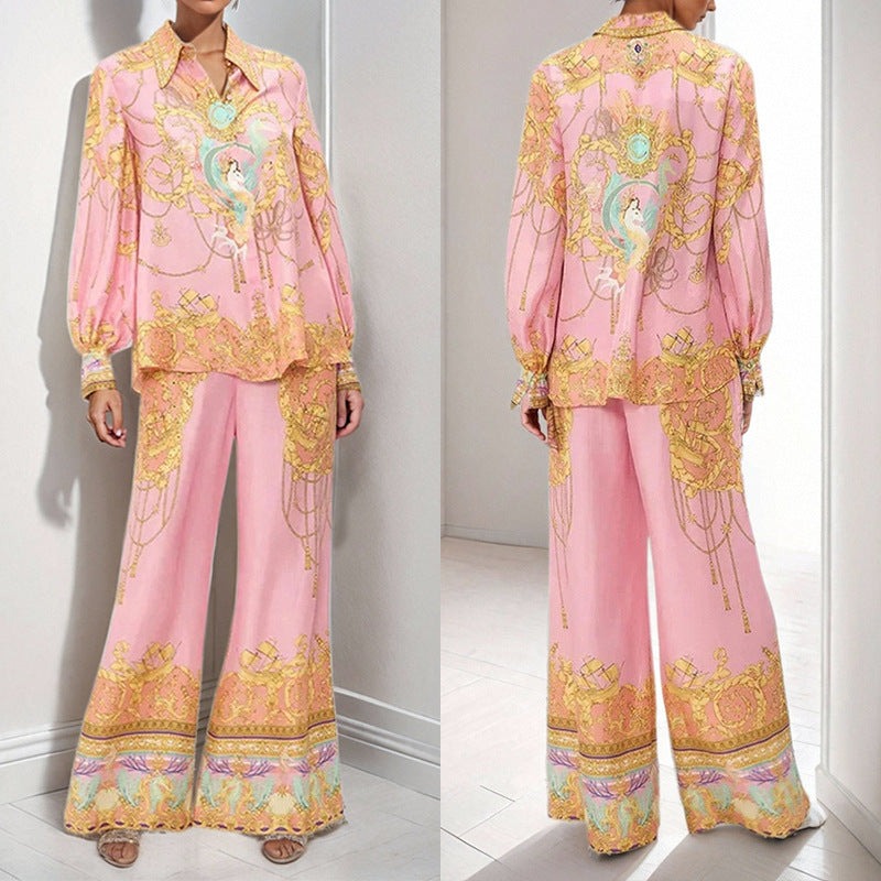 2025 2025 New women's clothing 2025 spring new temperament elegant court style printed shirt trousers New Year's suit