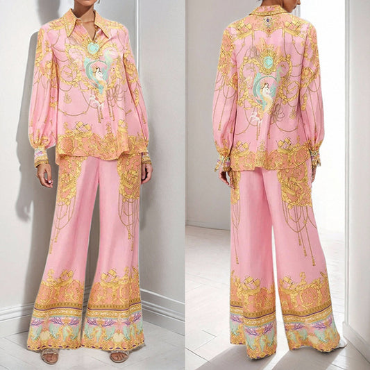 2025 2025 New women's clothing 2025 spring new temperament elegant court style printed shirt trousers New Year's suit