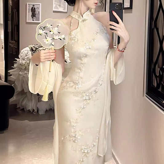 2025 Spot popular Chinese style cheongsam dress premium light luxury pearl slim pure desire shawl dress