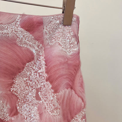 2025 Spot pink sea niche design heavy industry smudge bead sequined skirt gentle fashion celebrity medium length A skirt