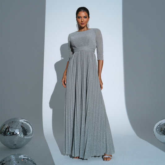 2025 five-quarter-sleeved temperament round neck long bohemian pendulum waist evening dress dress women's clothing