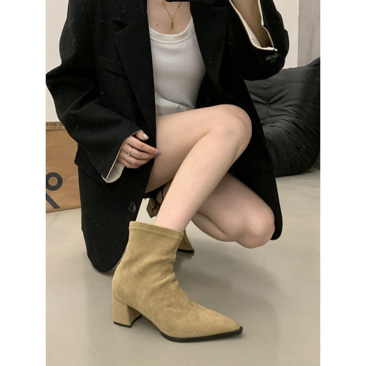 2025 temperament pointed suede thin boots Korean version versatile thick heel short boots women's boots commuter high heel fashion boots