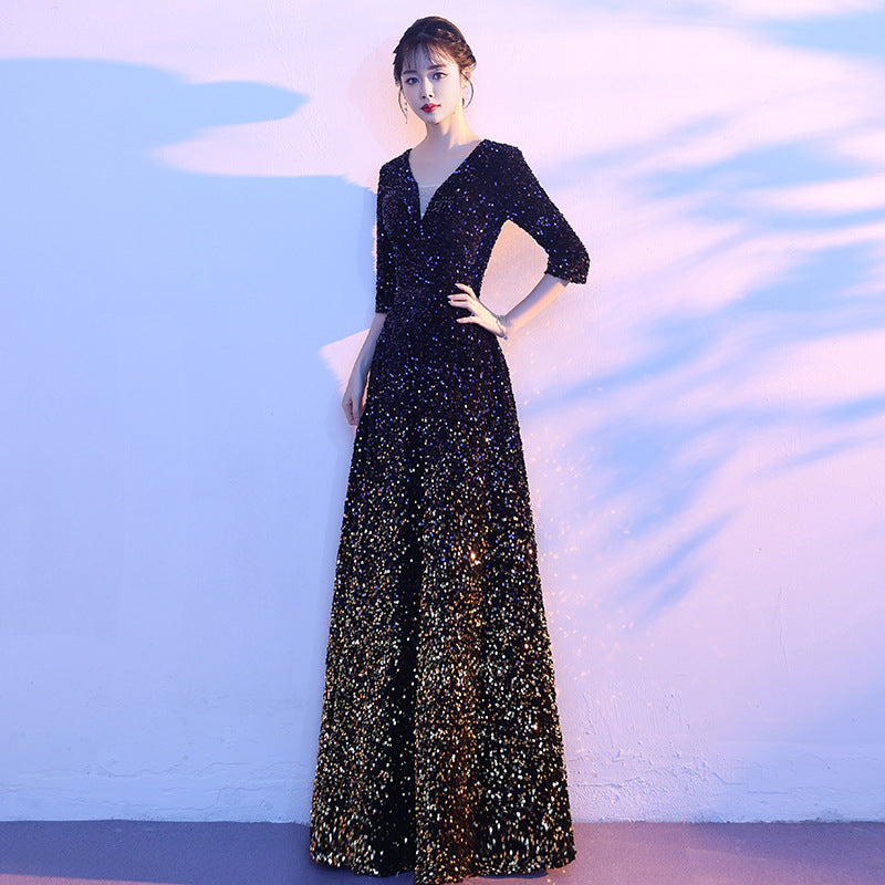 2025 Big choir costumes Women's long skirts Skinny singing conductor Host evening dress sequins Long performance costumes