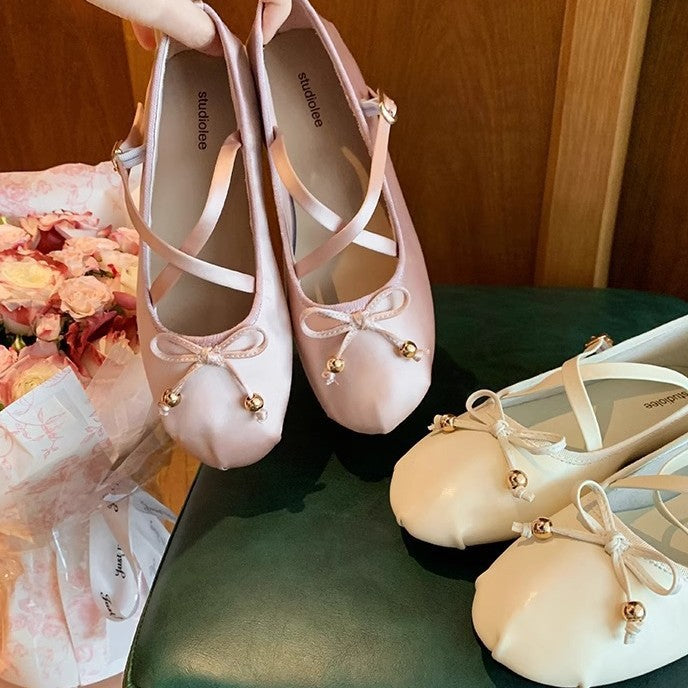 2025 Sheepskin version~ Summer new Korean version  gentle fairy style ballet cross strap Mary Jane shoes single shoes women
