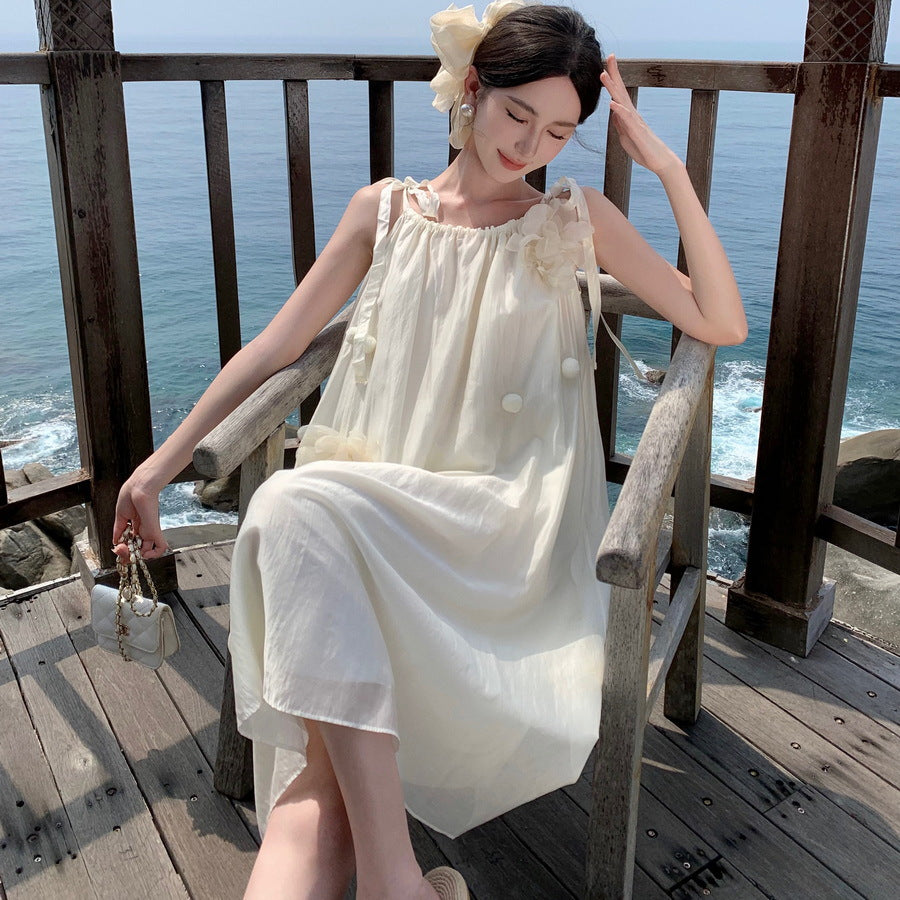 2025 Three-dimensional flower design sense niche suspender backless dress romantic seaside vacation photo fairy temperament long dress