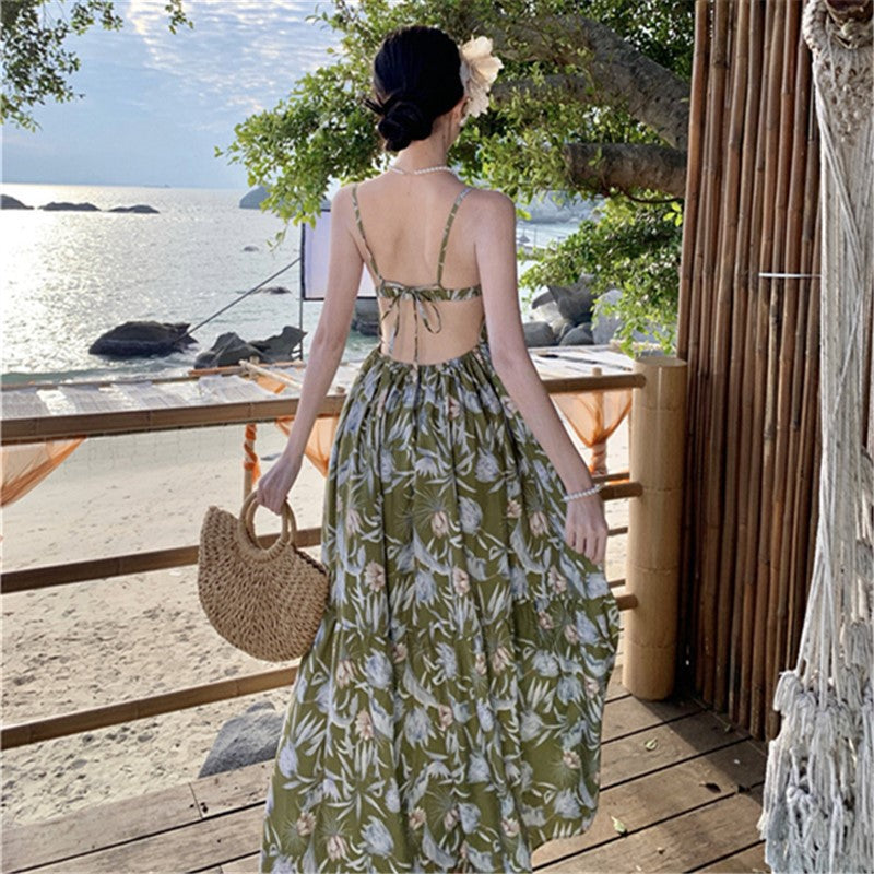 2025 romantic vacation style beautiful dating flower suspender waist halter thin Sanya seaside travel dress