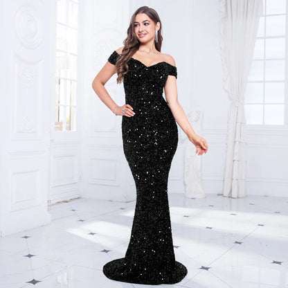 XAKXX 2025 popular new spring and summer banquet design single shoulder sequins gold heavy industry evening dress women's fishtail dress dress