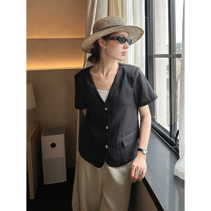 2025  Tencel linen premium shirt 2025 summer Korean version simple short-sleeved blazer T5029X