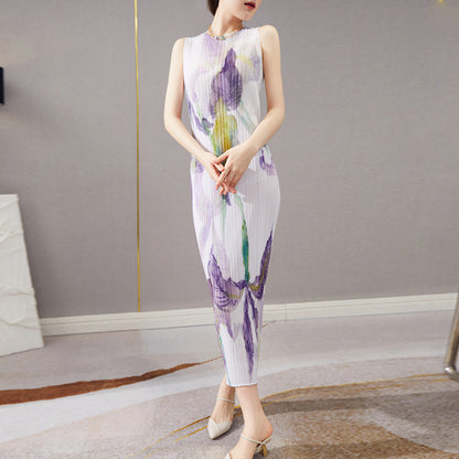 2025 Fashion high-end pleated skirt summer women's new long sleeveless printed straight versatile retro dress