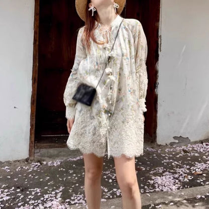 2025 Fish bone wide lace collage Quan ramie plant printing and dyeing dress loose doll short skirt